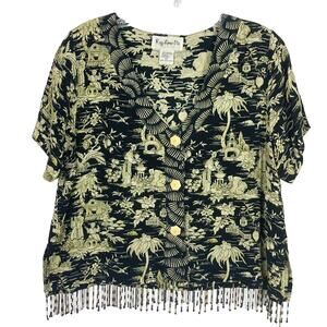 KEY LIME PIE Top M Vintage Asian Beaded Hem Button Up Short Sleeve Black